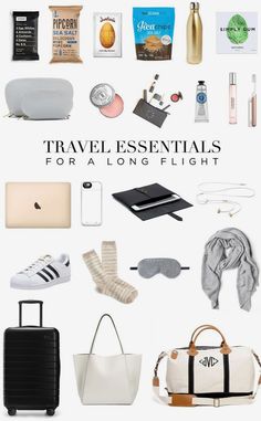 the travel essentials for a long flight are shown in white and black, including luggage,