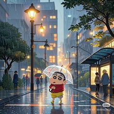 a cartoon character holding an umbrella in the rain