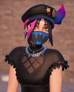 a woman in a black outfit with pink hair and green eyes wearing a blue face mask