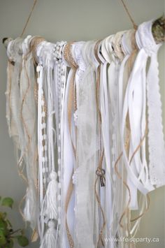 an assortment of white ribbons hanging from a string on a wall in front of a potted plant