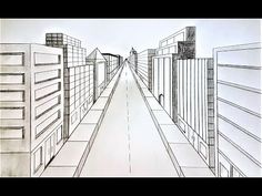 a drawing of a city street lined with tall buildings