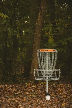 a frisbee golf basket in the woods with leaves on the ground around it