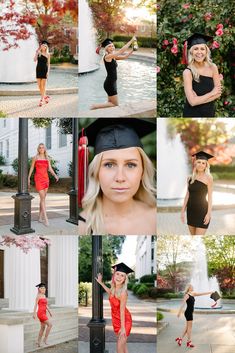 a woman in a graduation cap and gown posing for pictures