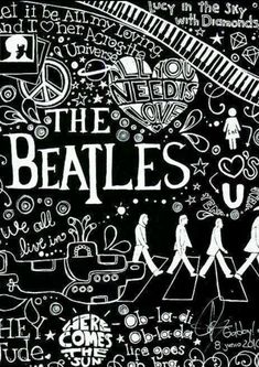 a black and white poster with the beatles written on it's back side, surrounded by doodles