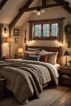 a bed sitting under a window in a bedroom next to a wooden table and lamp