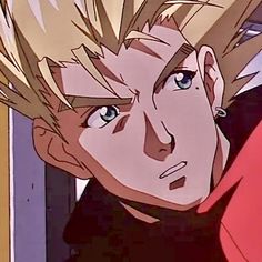 an anime character with blonde hair and blue eyes looking at something in front of him