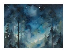 a painting of trees and the night sky