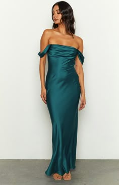 Ella Teal Off Shoulder Formal Maxi Dress Formal Satin Gown, Maid Of Honor Dress Forest Green, Emerald Green Long Formal Dress, Silk Prom Dress With Sleeves, Blue Green Formal Dress, Wedding Guest Dresses Green, Prom Dresses Pear Shape, Turquoise Long Dress, Dark Teal Bridal Party