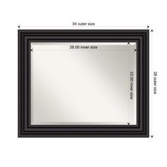 a black framed mirror is shown with measurements for the size and width, along with an additional