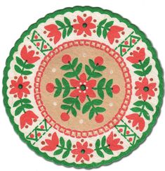 a round rug with red flowers and green leaves in the center on a white background