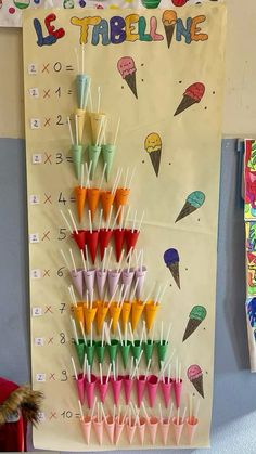 a bulletin board with colorful ice cream cones and candy sticks on it's side