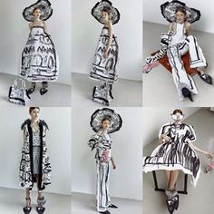 four different pictures of women in dresses and hats, one is wearing a dress made out of paper