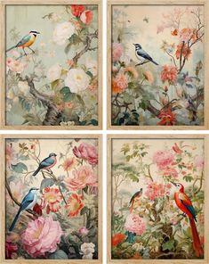 Birds On Flower Blossom Branches Vibrant Colorful Pictures Framed Wall Art 4 Pieces Paper Print Chinoiserie Illustration, Colorful Picture Frames, Bird And Flower, Flower Vintage, Hanging Posters, Asian Inspired, Picture Frame Wall, Floral Illustrations, Blossom Flower