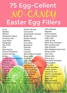 the 75 egg - cellent no - candy easter fillers are shown in this poster