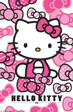 a hello kitty poster with pink and white polka dots on the bottom, in front of hearts