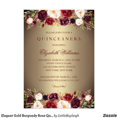 an elegant quinceauera wedding card with roses and leaves on the front, in gold