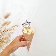 a hand holding a bag of popcorn in front of some dried grass and flowers on a white background