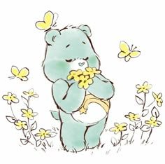 a drawing of a teddy bear holding flowers