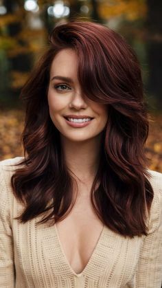 Med Red Hair, Red Over Brown Hair No Bleach, Fall Hair Color For Brunettes Red Copper, Auburn Hair For Fair Skin, Dokata Johnson Hair, Dark Auburn Hair With Bangs, Auburn Hair Color Pale Skin, Level 4 Red Hair, Auburn Layered Hair