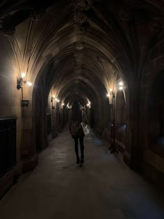 a person walking down a long hallway with lights on either side of the walkway and an arched ceiling