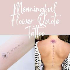 the back of a woman's neck with flowers on her left arm and an image of