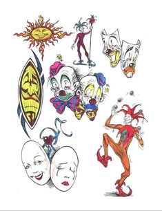 some cartoon characters are drawn in different colors and sizes, including clowns with their faces painted on them