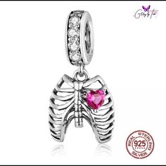 925 Sterling Silver Rib Cage Charm With Pink Cubic Zirconia Heart Stone Made For Pandora Bracelet Pandora Bracelet Charms Ideas, Compass Bracelet, Bracelet Viking, Charms Pandora, Bracelet Pandora, Mermaid Earrings, Viking Necklace, Turtle Earrings, Heart Shaped Rings