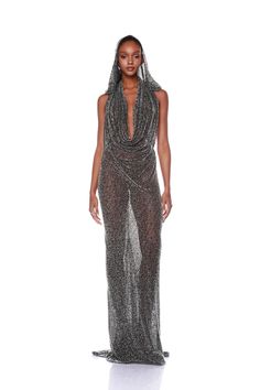 Make a statement in the Amalia Noir Beaded Gown with dramatic detachable hood, crafted from heavyweight beaded fabric, this gown exudes elegance. Cowl neck Unlined Hooded Dramatic train Zipper closure Dope Clothes, Sewing Basics, Detachable Hood