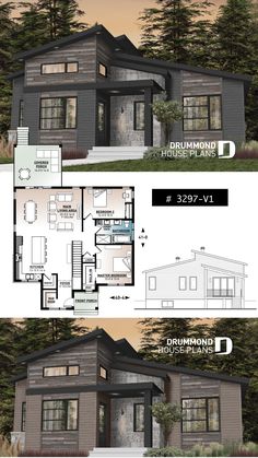 two story house plan with 3 bedroom and 2 bathrooms on each floor, in the woods