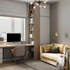 a living room filled with furniture and a flat screen tv on top of a wooden shelf