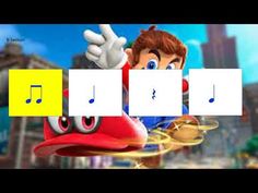 an animated video game with music notes on the screen and mario's head pointing at it