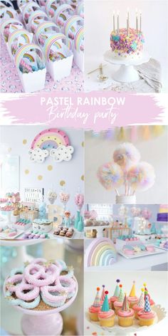 pastel rainbow birthday party with cupcakes, donuts and cake