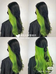 Lime Green Peekaboo Hair, Black And Green Hair Underneath, Lime Green And Black Hair, Pink Curtain Bangs, Green Hair Shades, Green And Black Hair, Green Hair Color Ideas, Under Hair Color