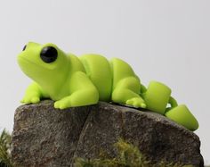 a green frog sitting on top of a rock