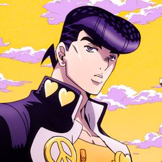 an anime character with peace signs on his chest and jacket over his shoulder, standing in front of the sky