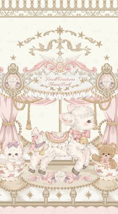 a pink and gold carousel with teddy bears