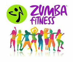 the zumba fitness logo is shown in purple and green with people dancing around it