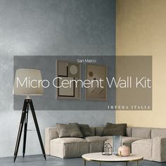 a living room scene with the text micro cement wall kit in white overlays