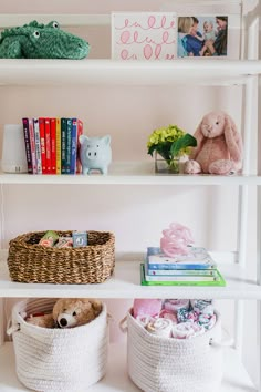 the shelves are filled with books, stuffed animals and other things to put in baskets