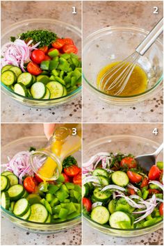 the steps to make this salad include dressing, cucumbers, onions and tomatoes