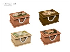 four wooden boxes with flowers and pearls on the lids are shown in three different colors