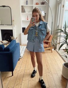 Black Burken Stocks Outfit, Vintage Denim Vest Outfit, Formal Shorts Outfit, Denim Vest Outfit, Gingham Outfit, Trendy Items, Summer Shorts Outfits, Gingham Shorts, Basic Outfits