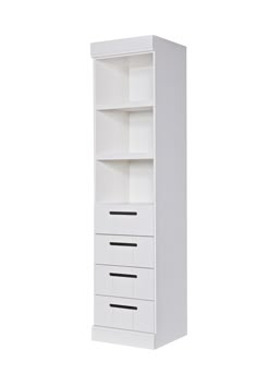 a white bookcase with three drawers on it