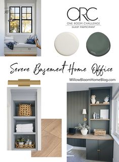 the interior design and color scheme for a home office with white walls, grey cabinets, gray