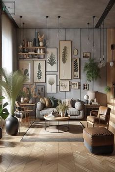 a living room filled with furniture and lots of plants on the wall next to it