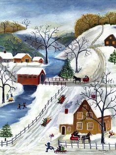 a painting of a snowy village with horses and sleighs