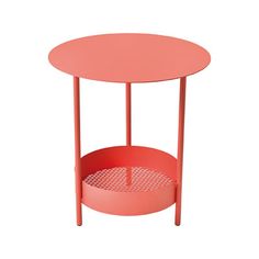 an orange side table with holes in the bottom and one shelf on each side for storage