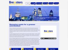 the website for bre wasters is displayed in blue and white colors with cityscape behind it