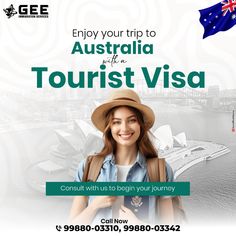 a woman with a backpack and hat standing in front of the australian flag, text reads enjoy your trip to australia with a tourist visa consult us to begin your journey