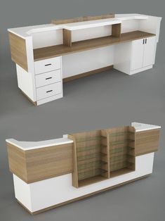 an office desk with drawers and shelves on the top, bottom and side views in different angles